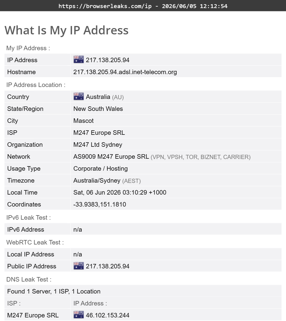 IVPN's DNS leak test results (passed)