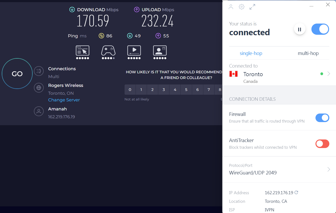 Speed test results for IVPN while connected to a server in Toronto (170.59 download, 232.24 upload, 86 latency).