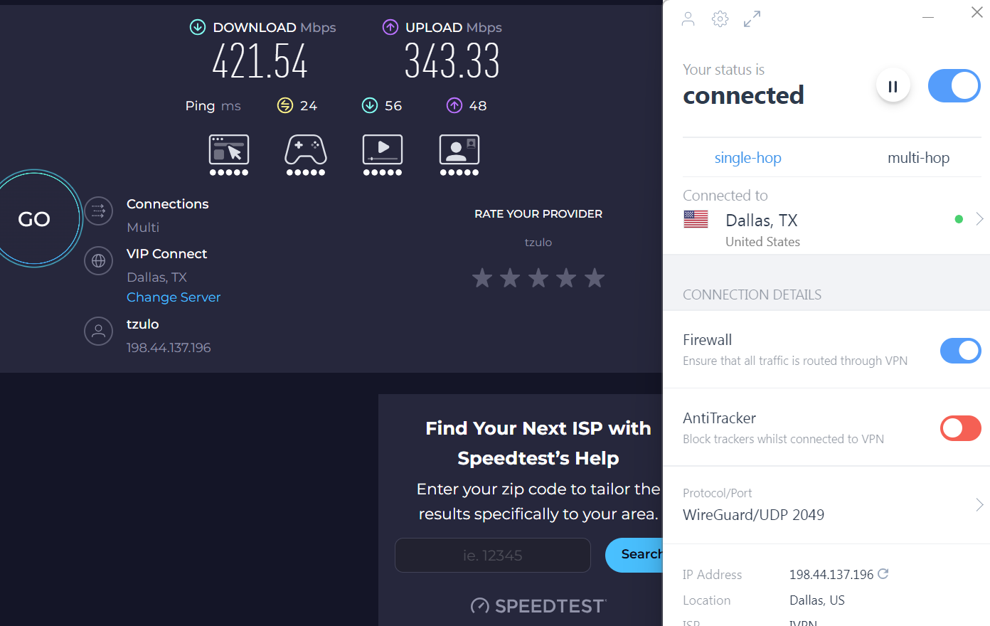 Speed test results for IVPN while connected to a server in Dallas (421.54 download, 343.33 upload, 24 latency).