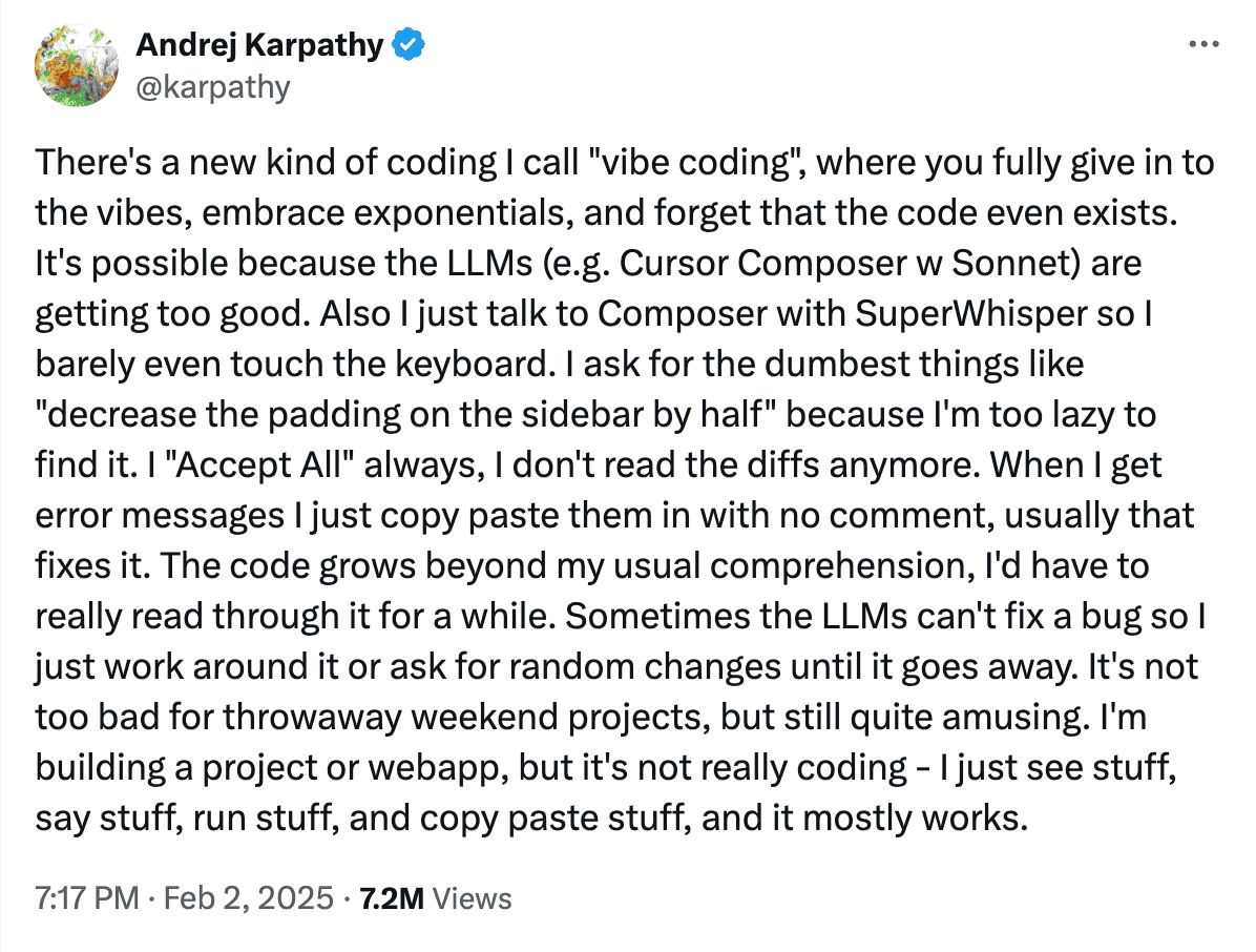 Karpathy vibe coding X post