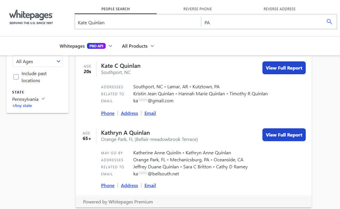 Example of Whitepages people search