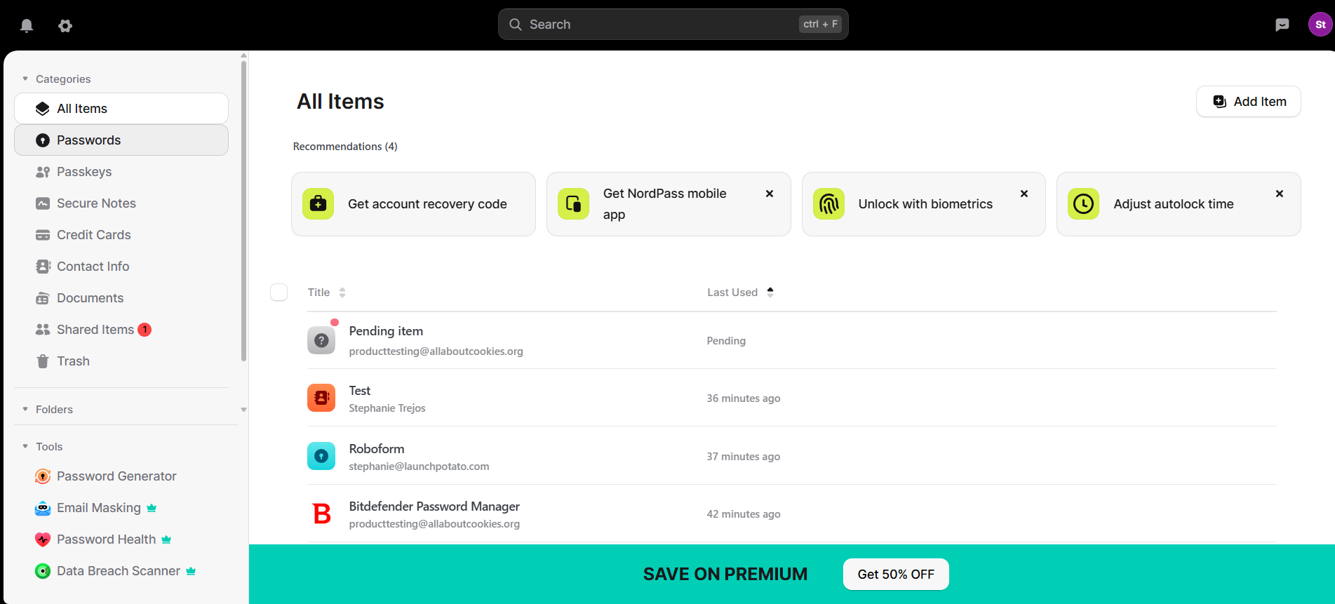 NordPass free dashboard