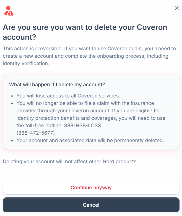 Coveron delete account confirmation 