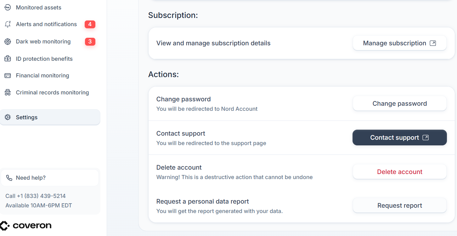Coveron settings showing Subscription and Action sections