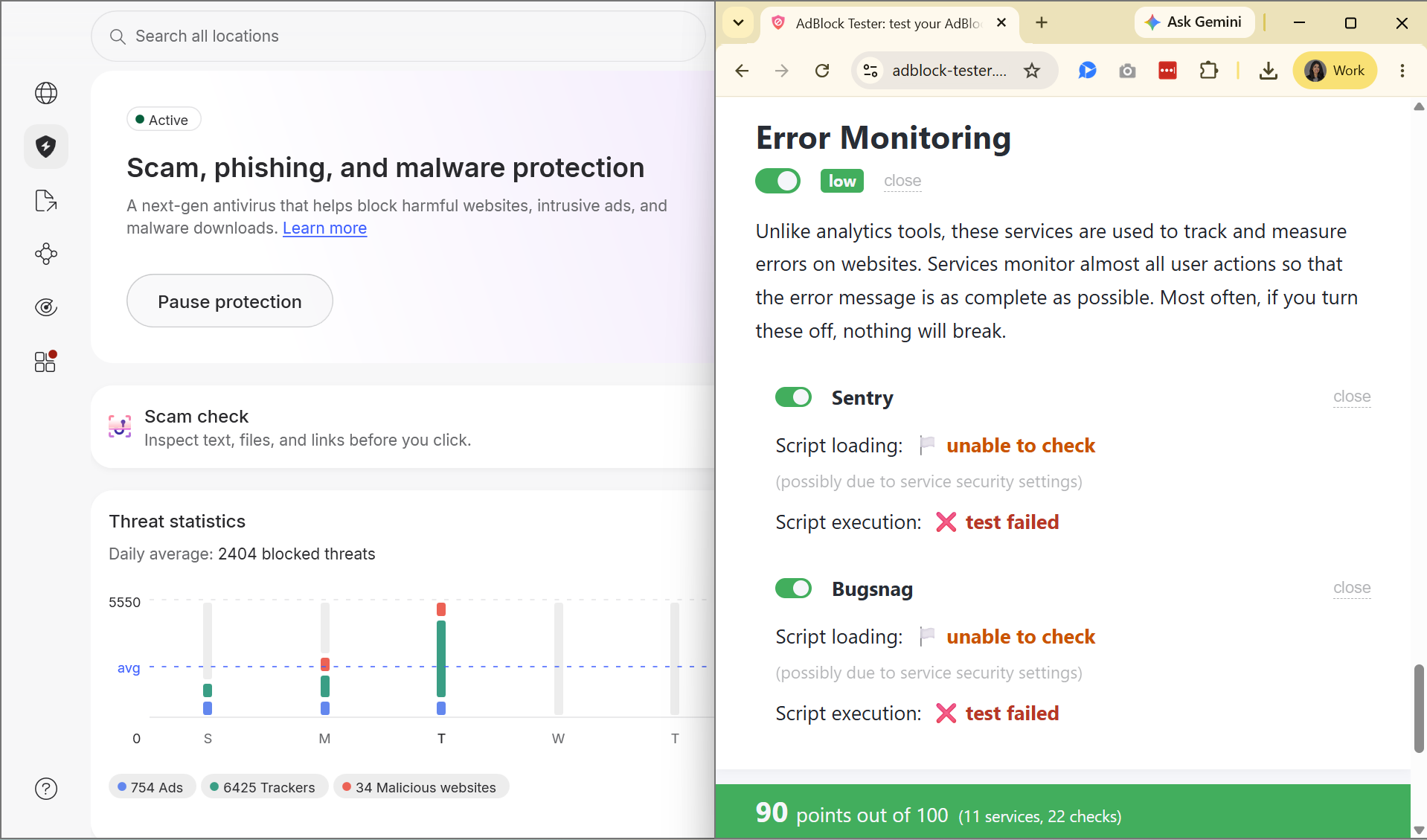 NordVPN Threat Protection Pro AdBlock Tester score (90/100) showing error monitoring section