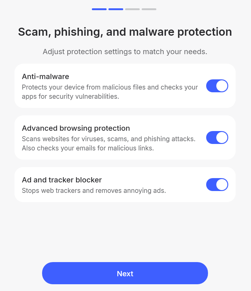 NordVPN next-generation antivirus setup, with toggles for anti-malware, advanced browsing protection, and ad and tracker blocker