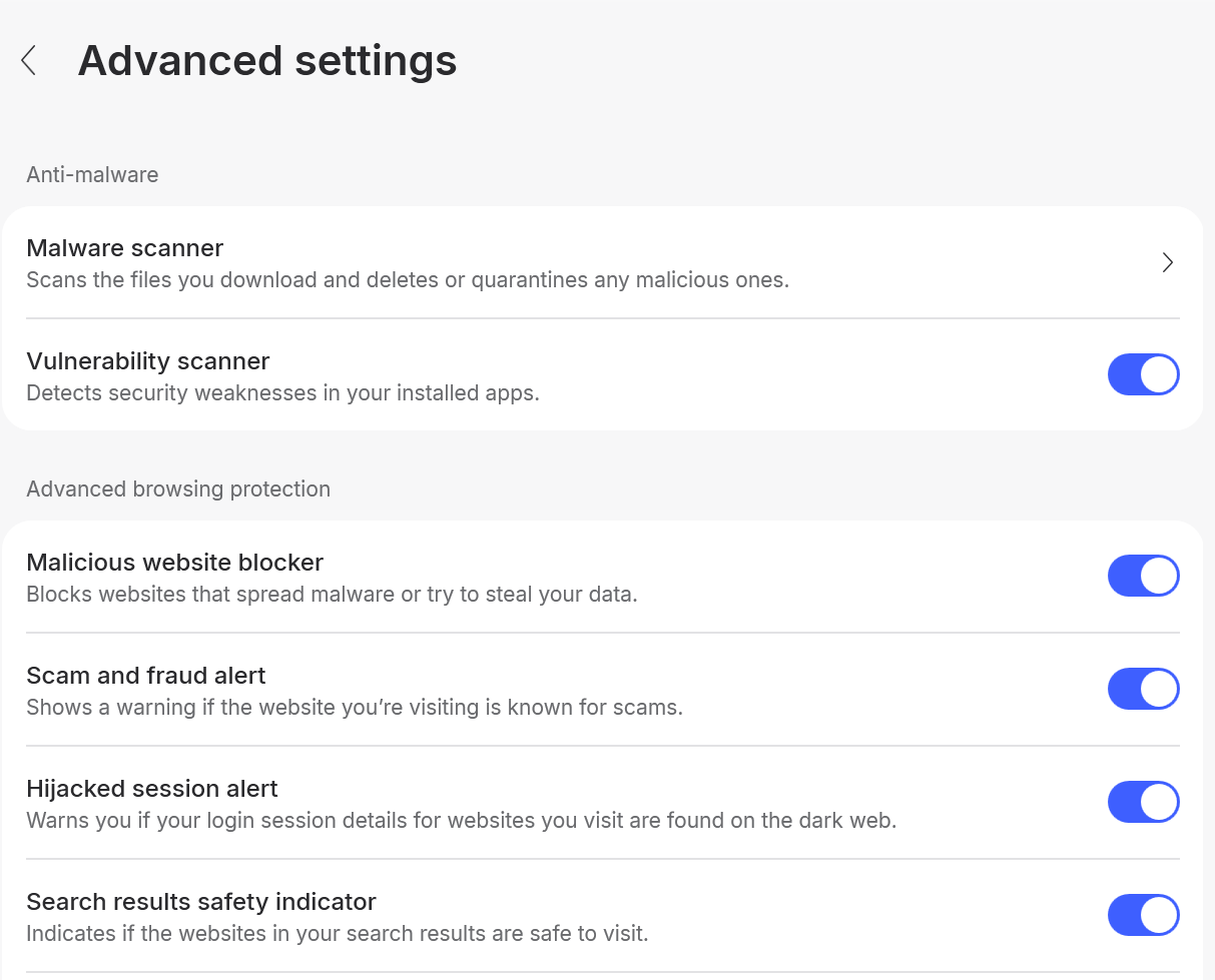 NordVPN advanced anti-malware and browser protection settings