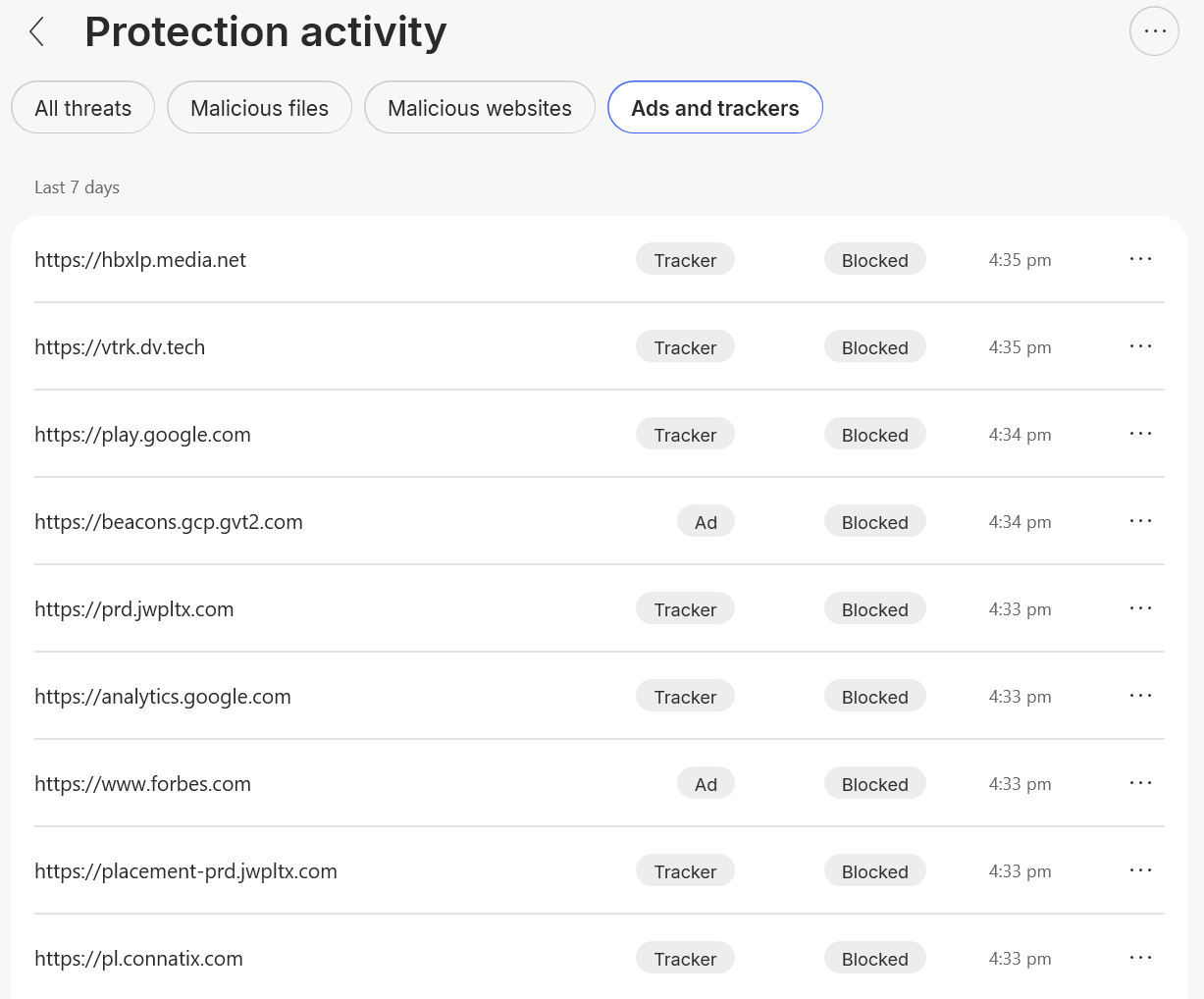 NordVPN dashboard open on scam, phishing, and malware protection under the protection activity logs