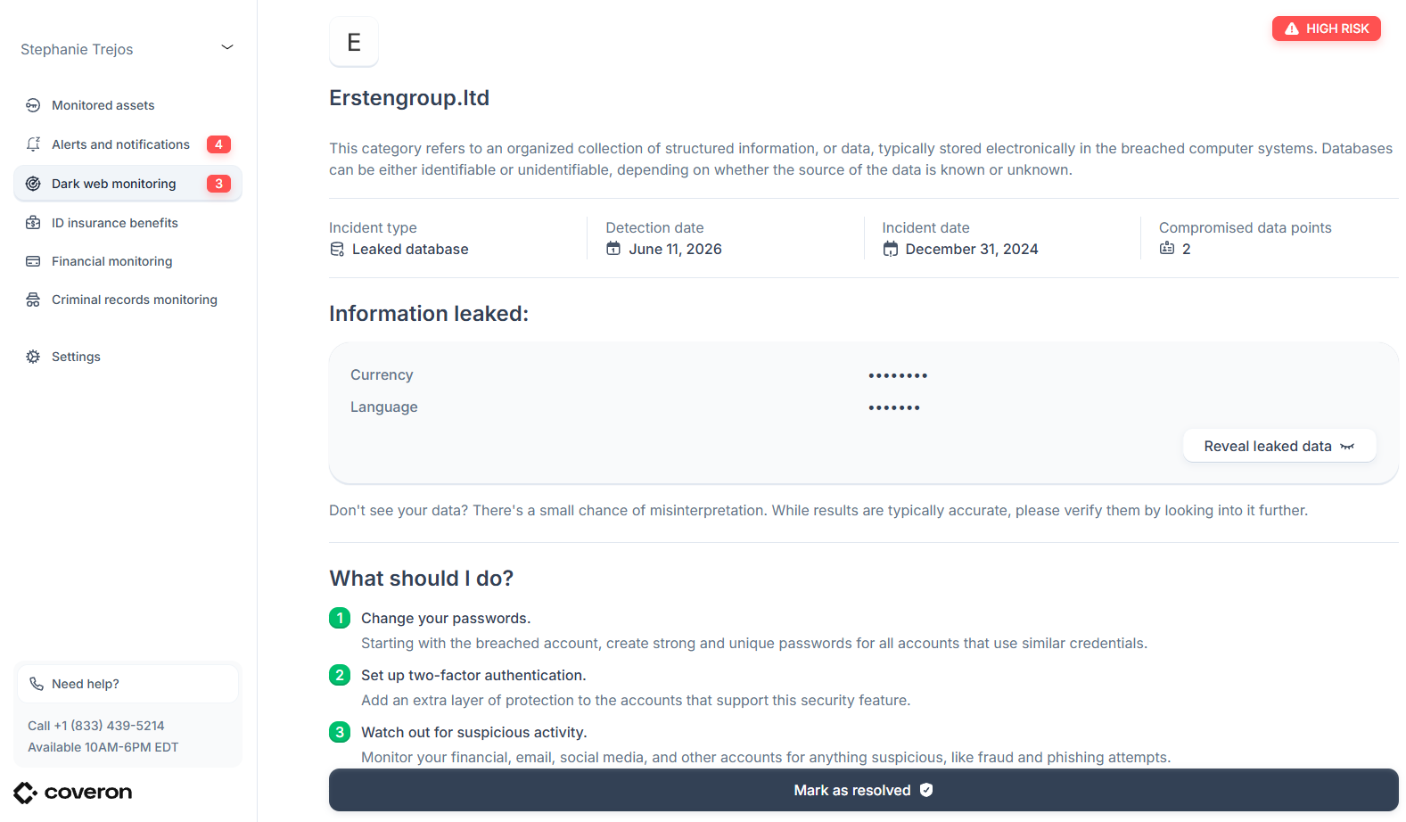 Coveron data breach alert for Erstengroup.ltd detailing the incident, information linked, and action steps to take