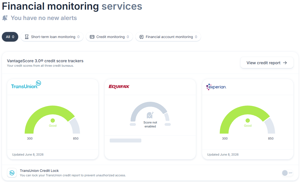 Coveron financial monitoring services tab showing credit scores for Transunion and Experian (Equifax not enabled)