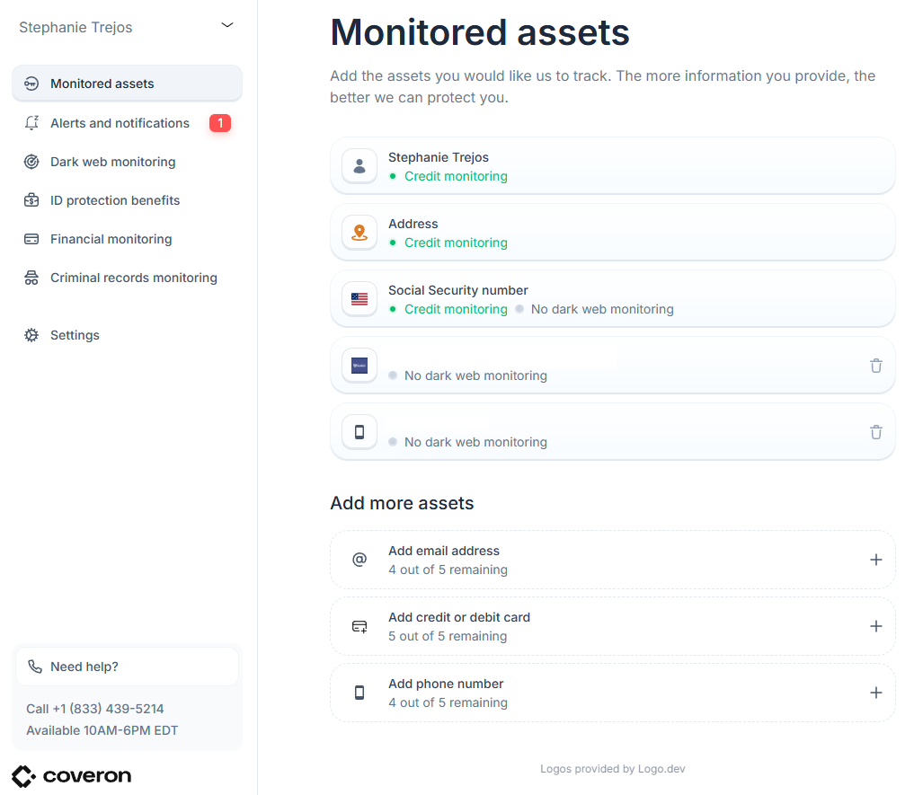 Coveron dashboard on the Monitored assets tab