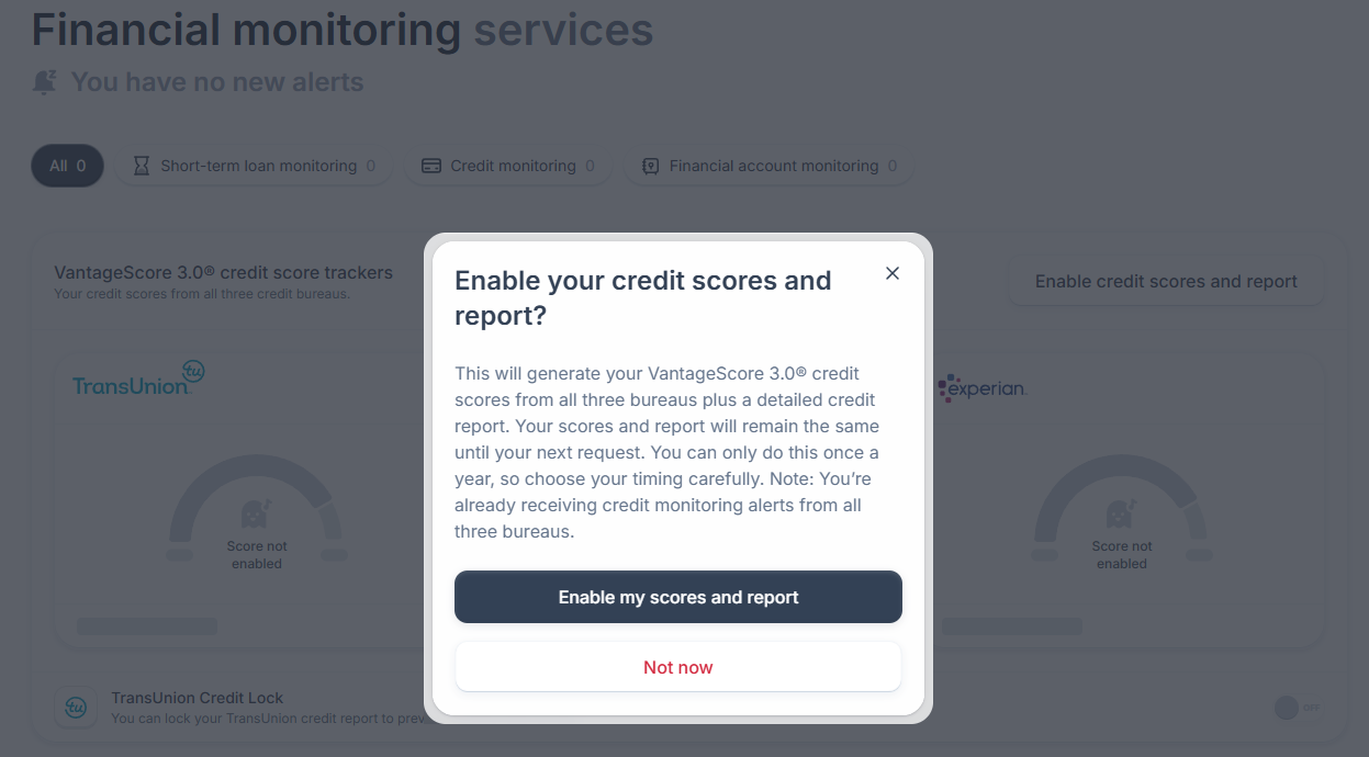 Coveron pop-up for enabling your credit scores and report