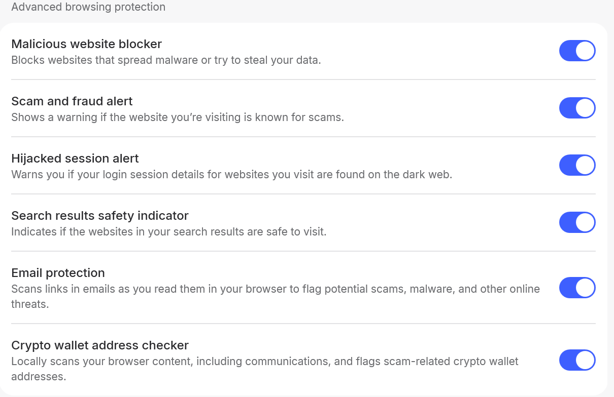 Advanced browsing protection toggles for NordVPN Threat Protection