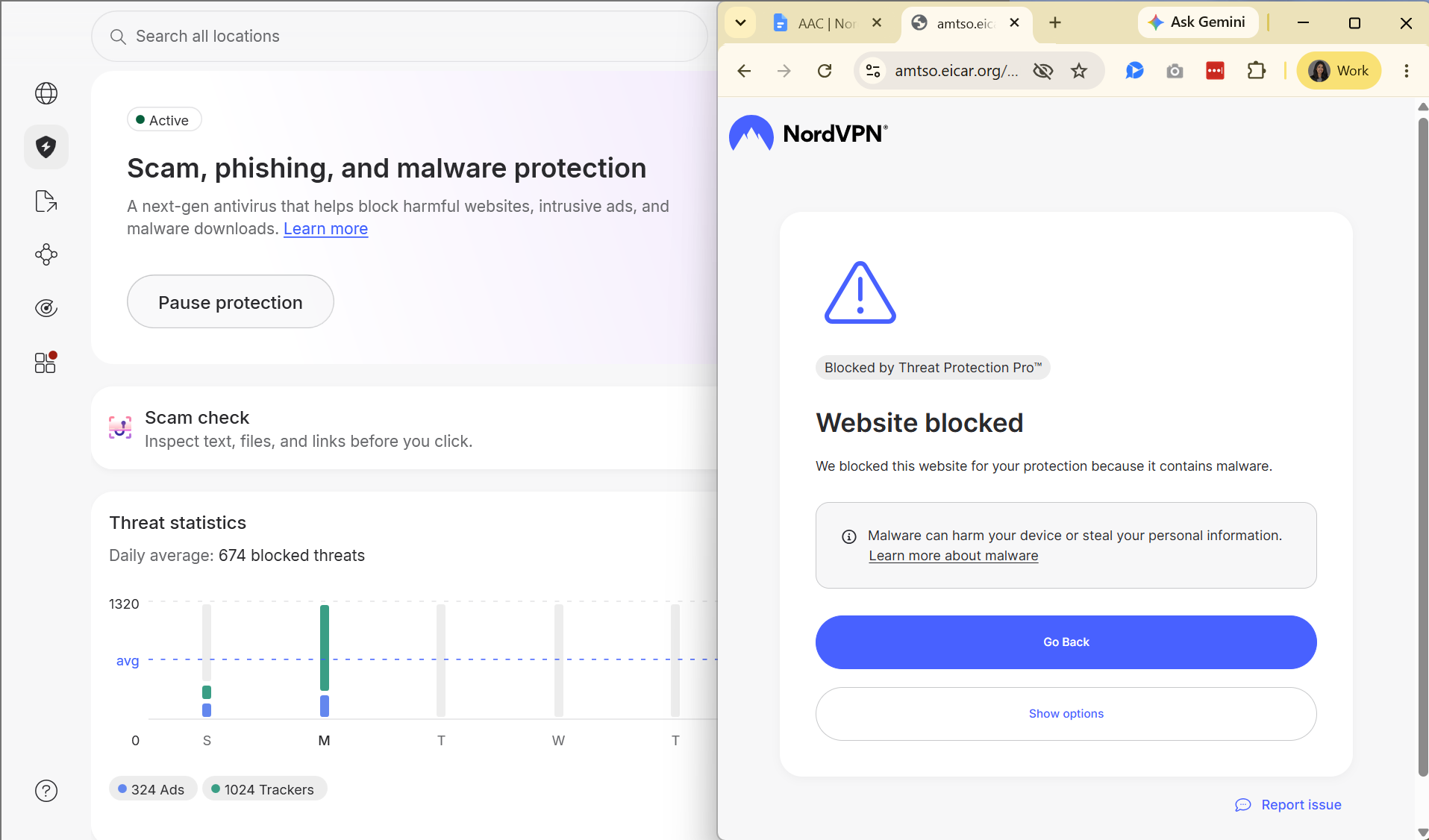 NordVPN scam, phishing, and malware protection dashboard side by side with a warning window from NordVPN Threat Protection Pro blocking a website