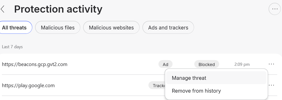 NordVPN Threat Protection protection activity with the three dots menu open next to a website