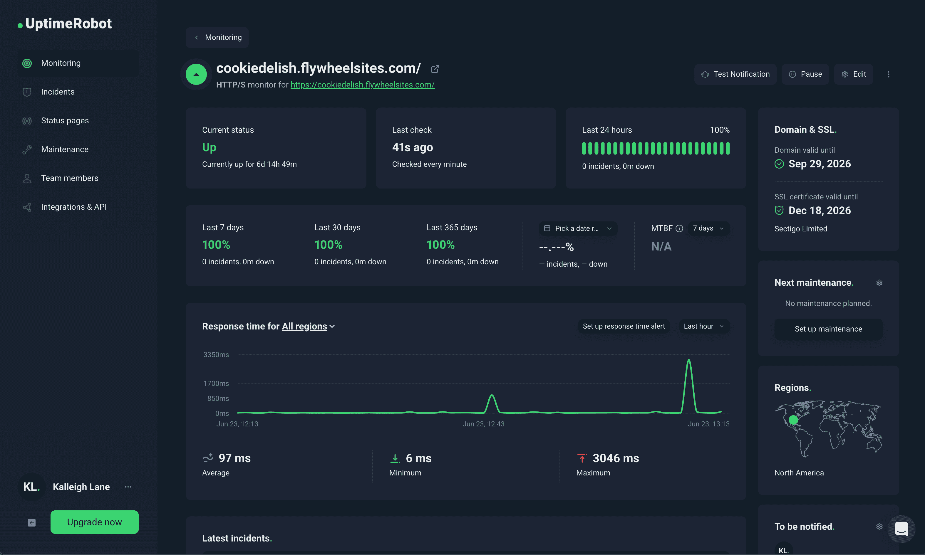 Flywheel's uptime and response results 