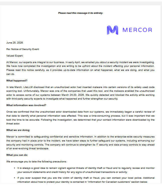 Mercor data breach notice