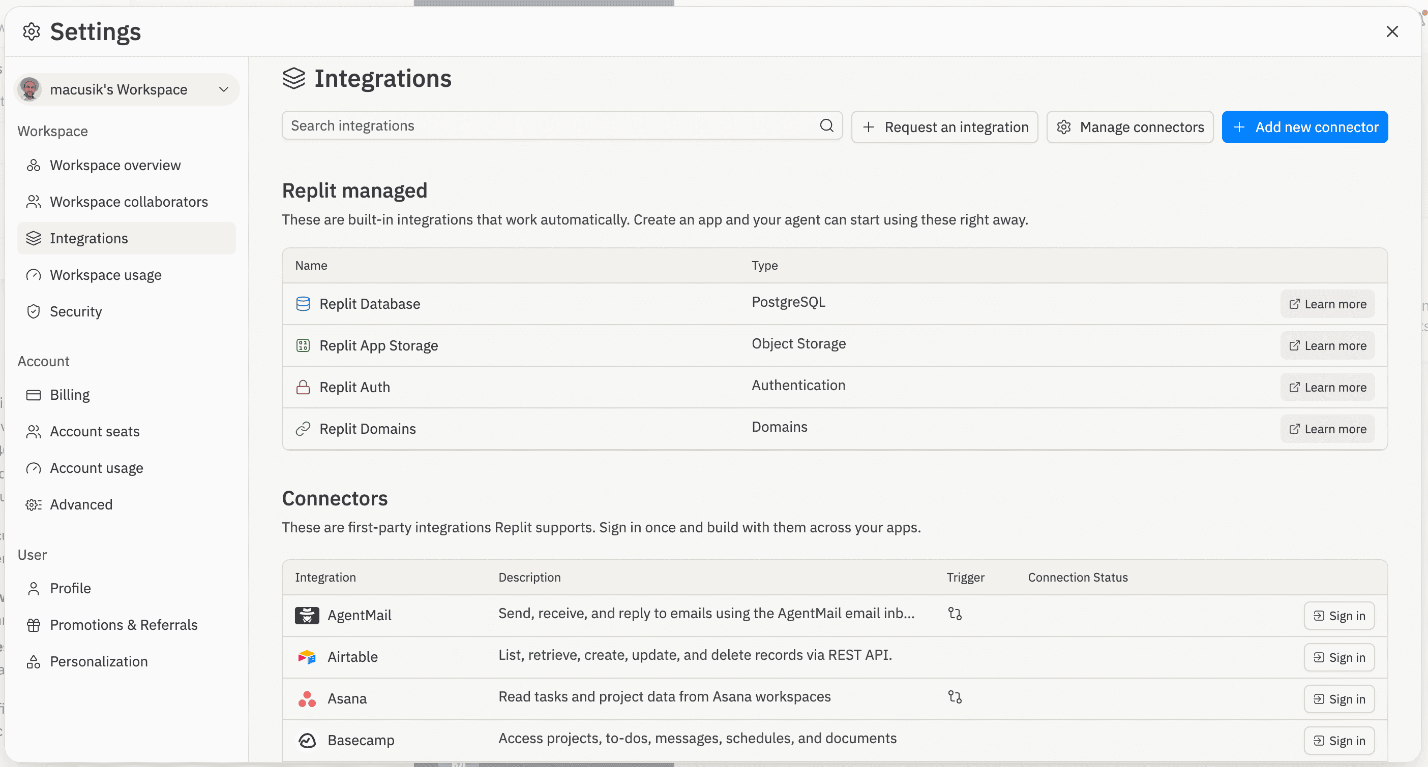 Replit native integrations and connectors