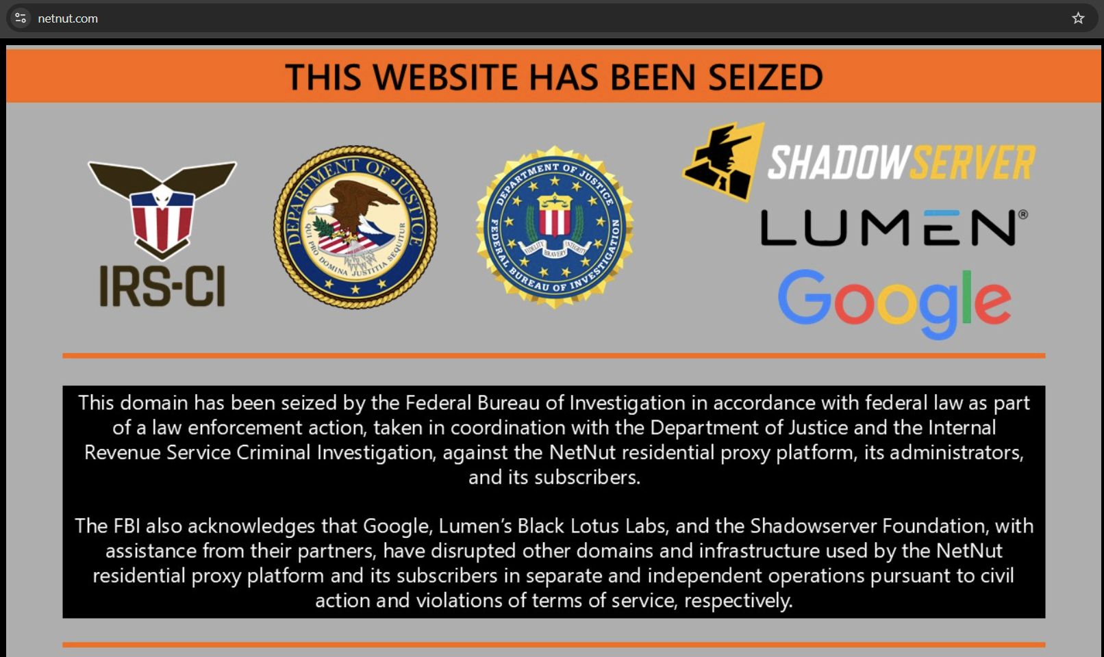 Screenshot showing netnut.com has been seized by the FBI and other partners.