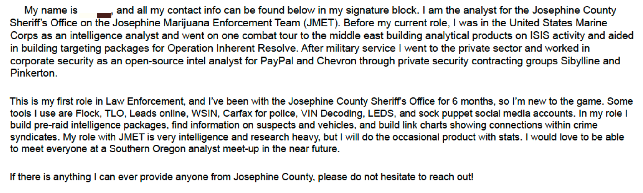 Email showing sharing of Flock camera information between police analyst and Homeland Security Investigations.