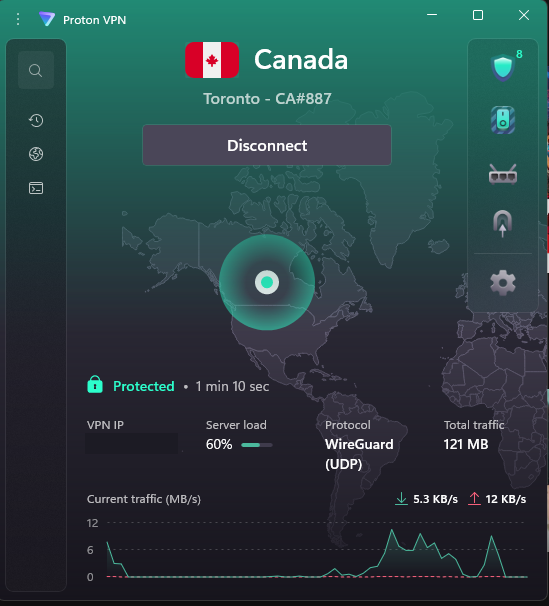 Proton VPN connected to a Canadian server.