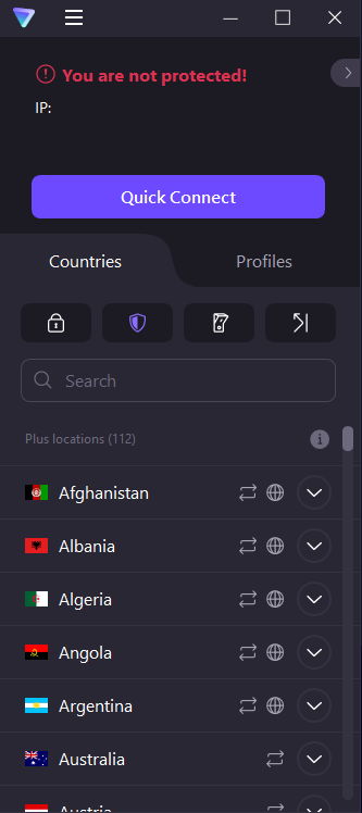 Proton VPN desktop app when not connected to a server.