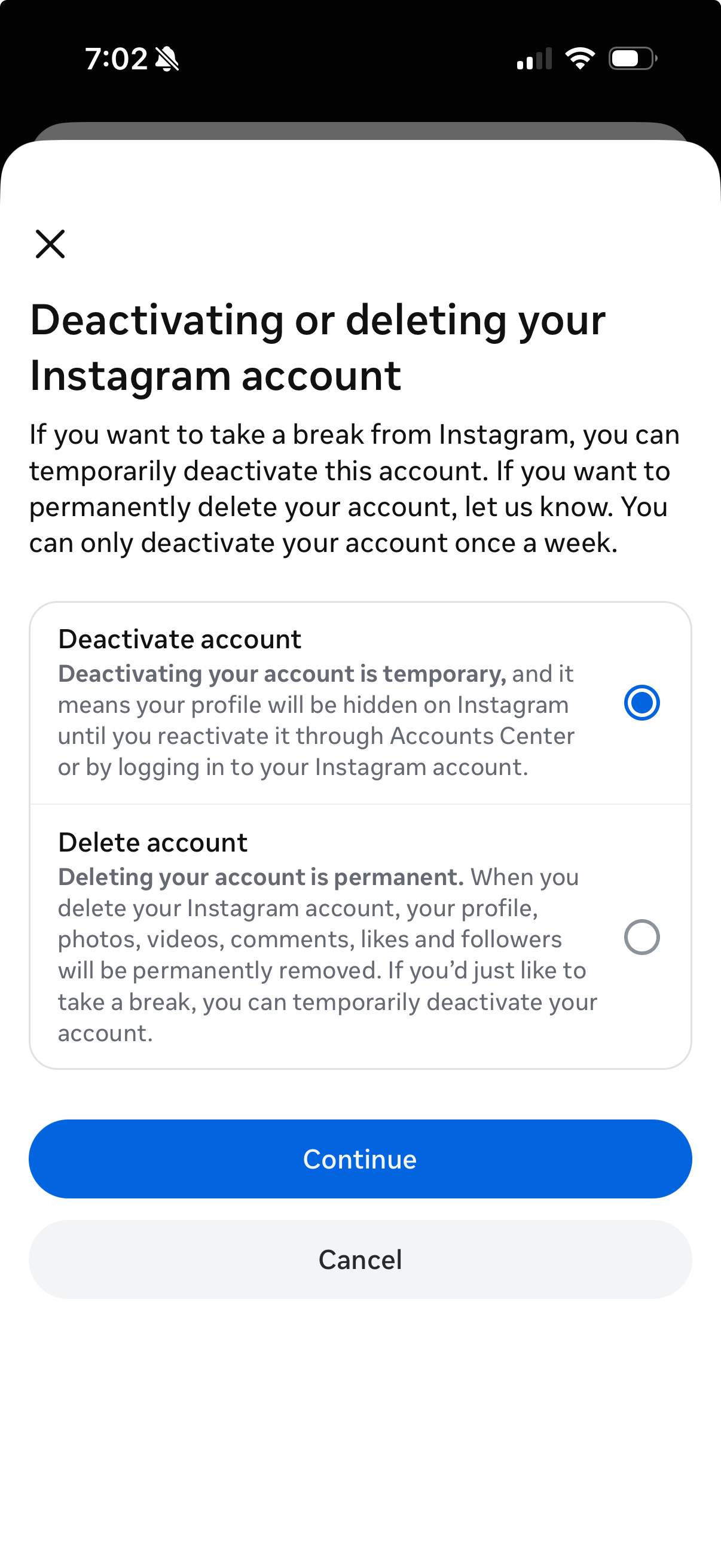Deactivating or deleting your Instagram account prompt