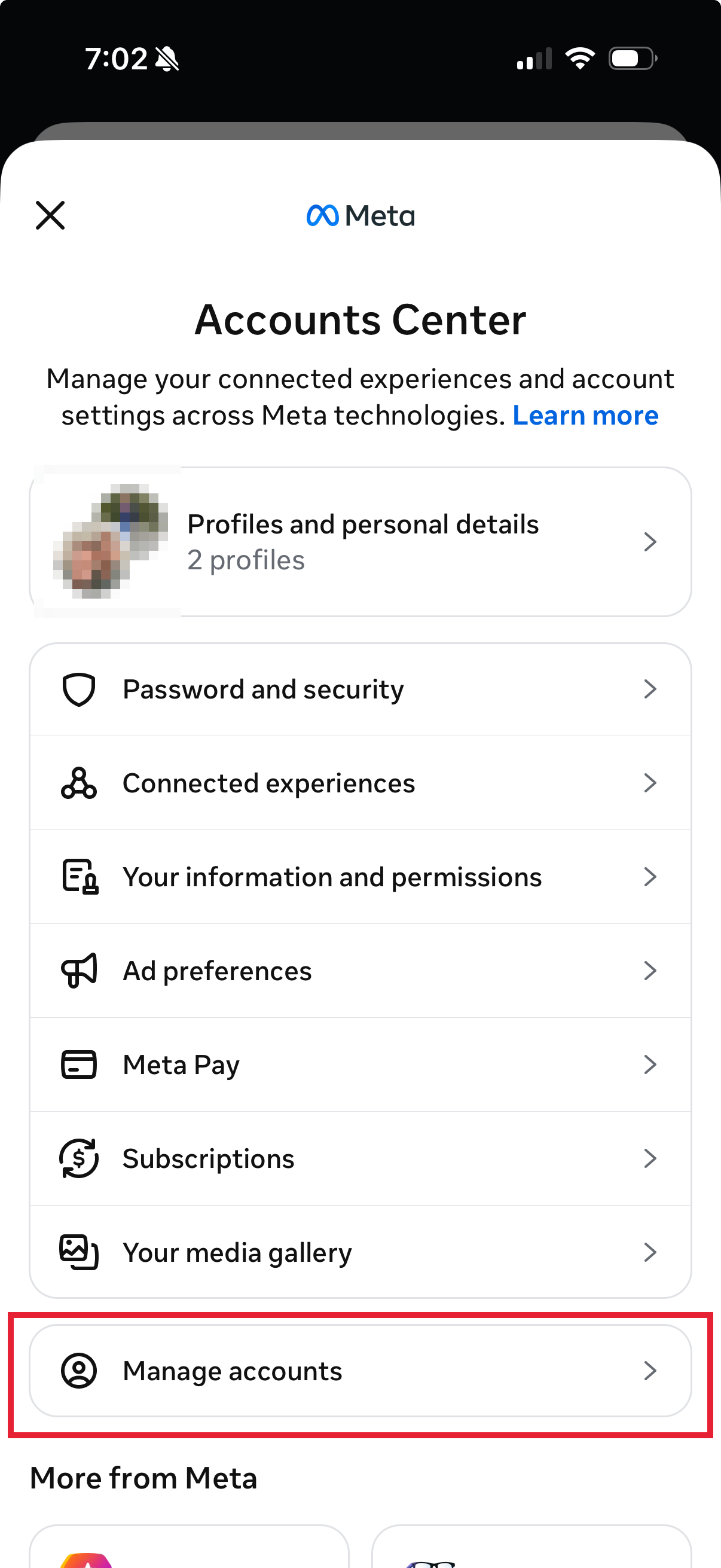 Meta Accounts Center, select Manage accounts