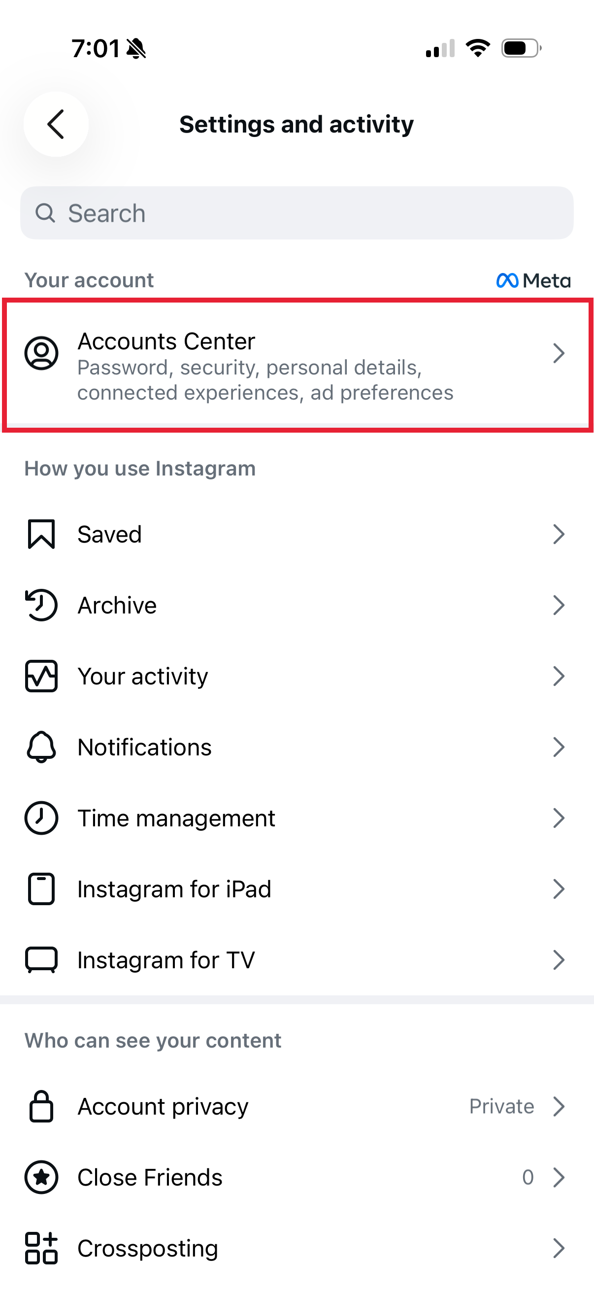 Instagram Settings and activity, select Accounts Center