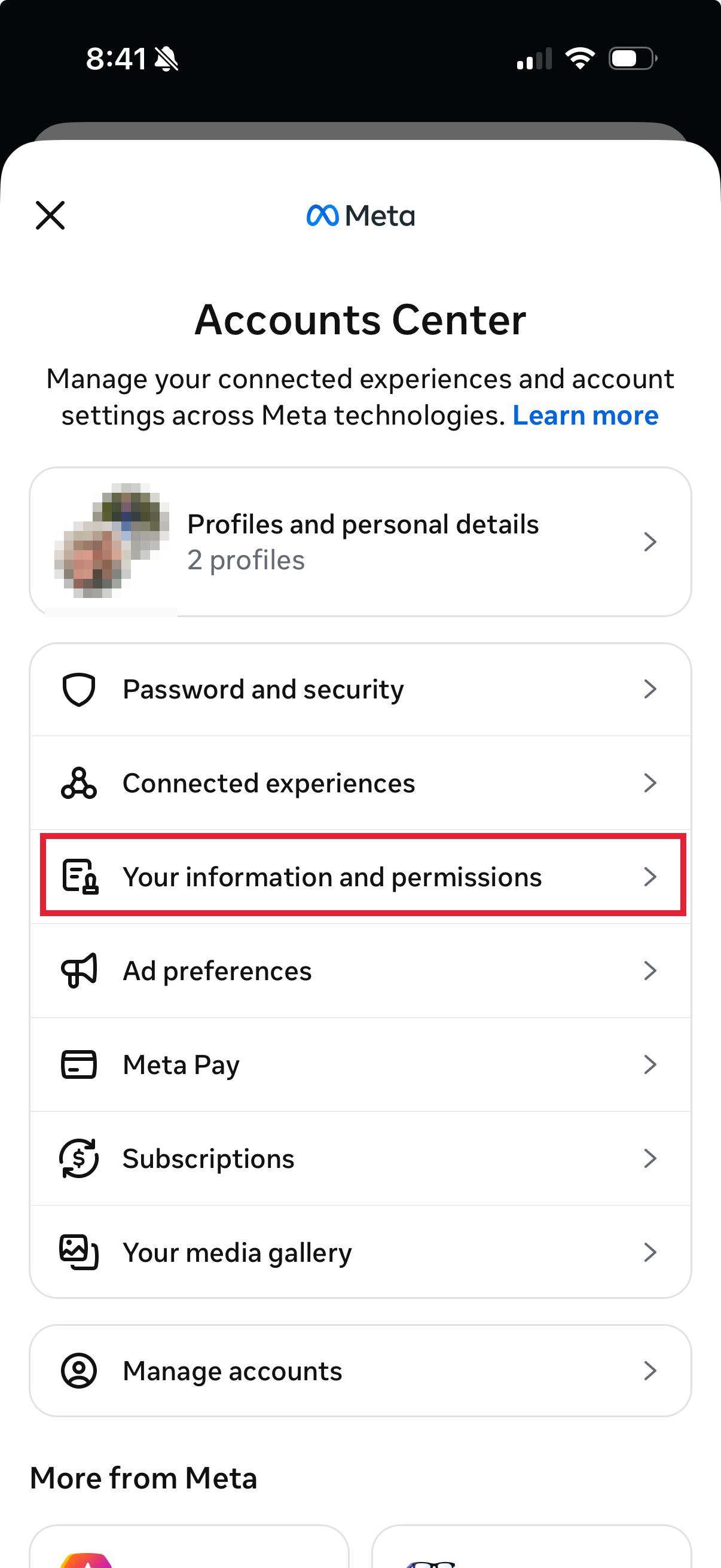 Meta Accounts Center, Your information and permissions