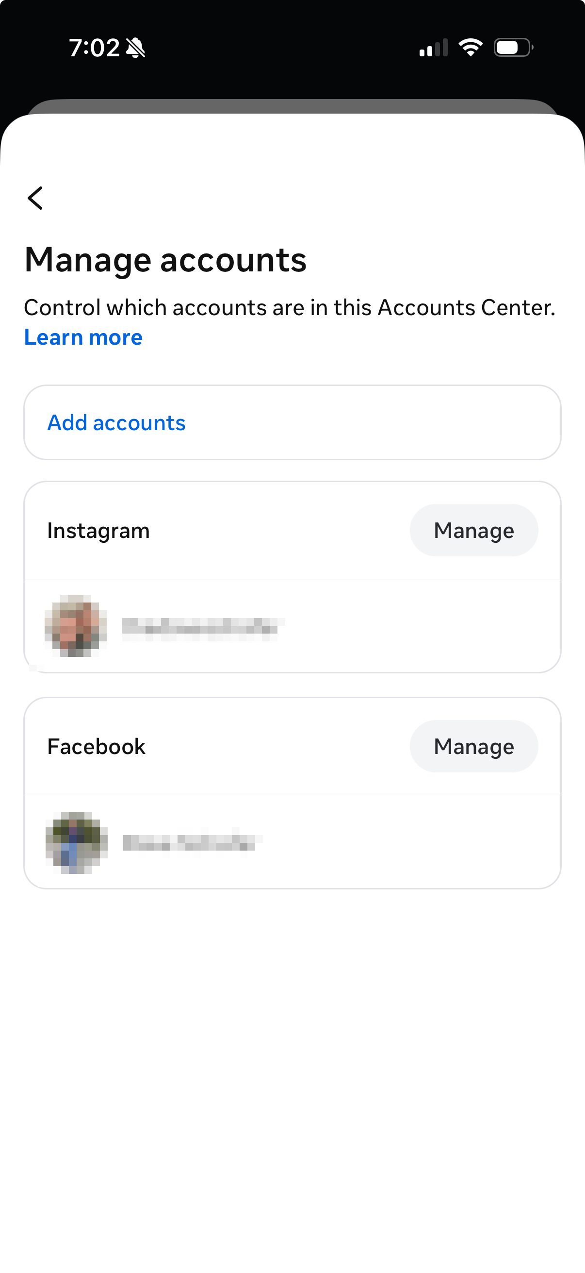 Meta Manage accounts, select Instagram profile