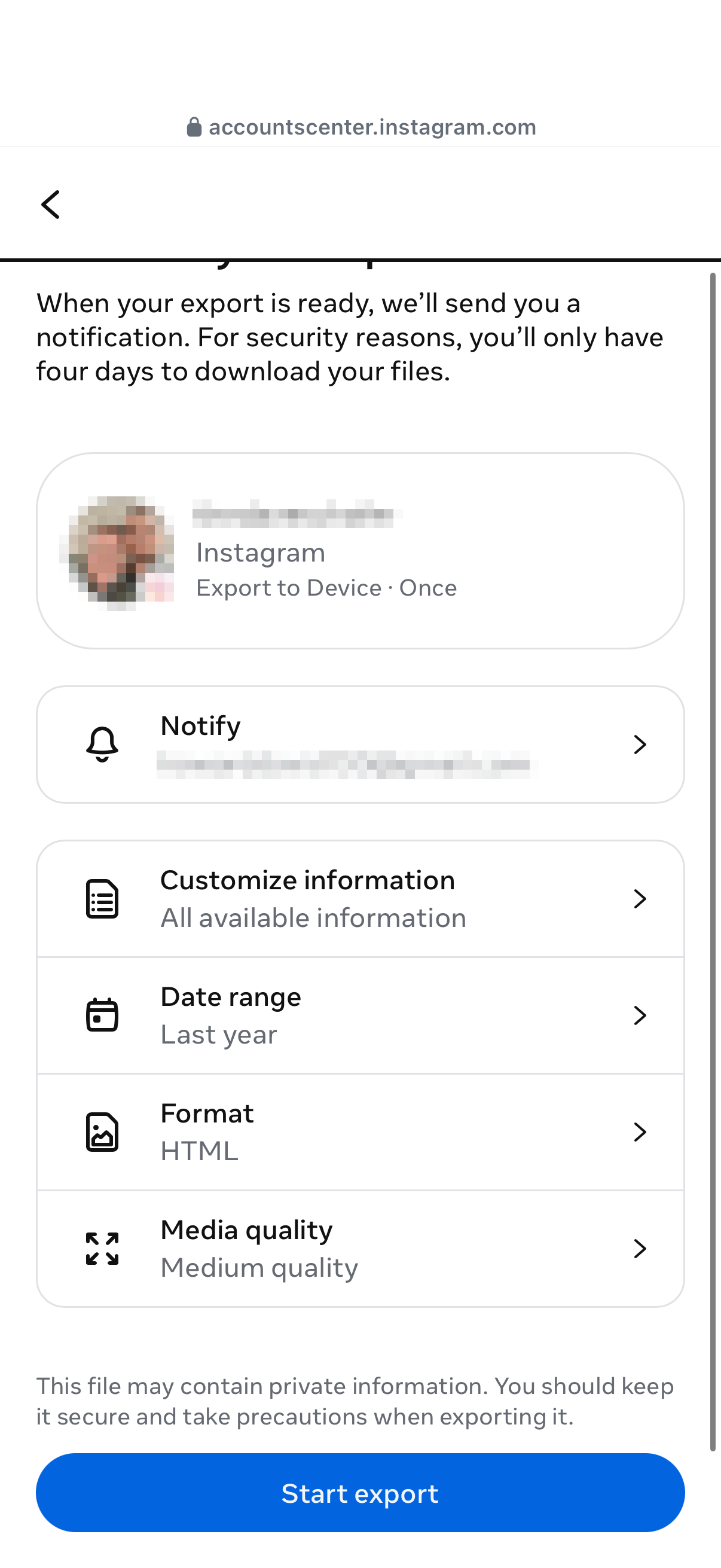 Start export of Instagram information
