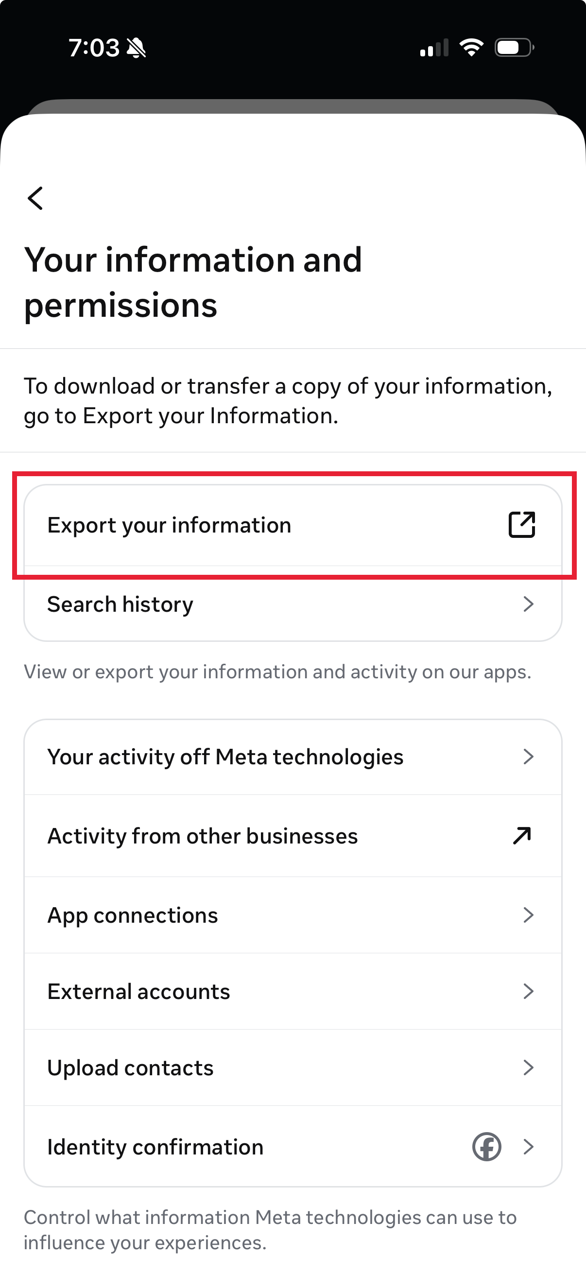 Your information and permissions, Export your information