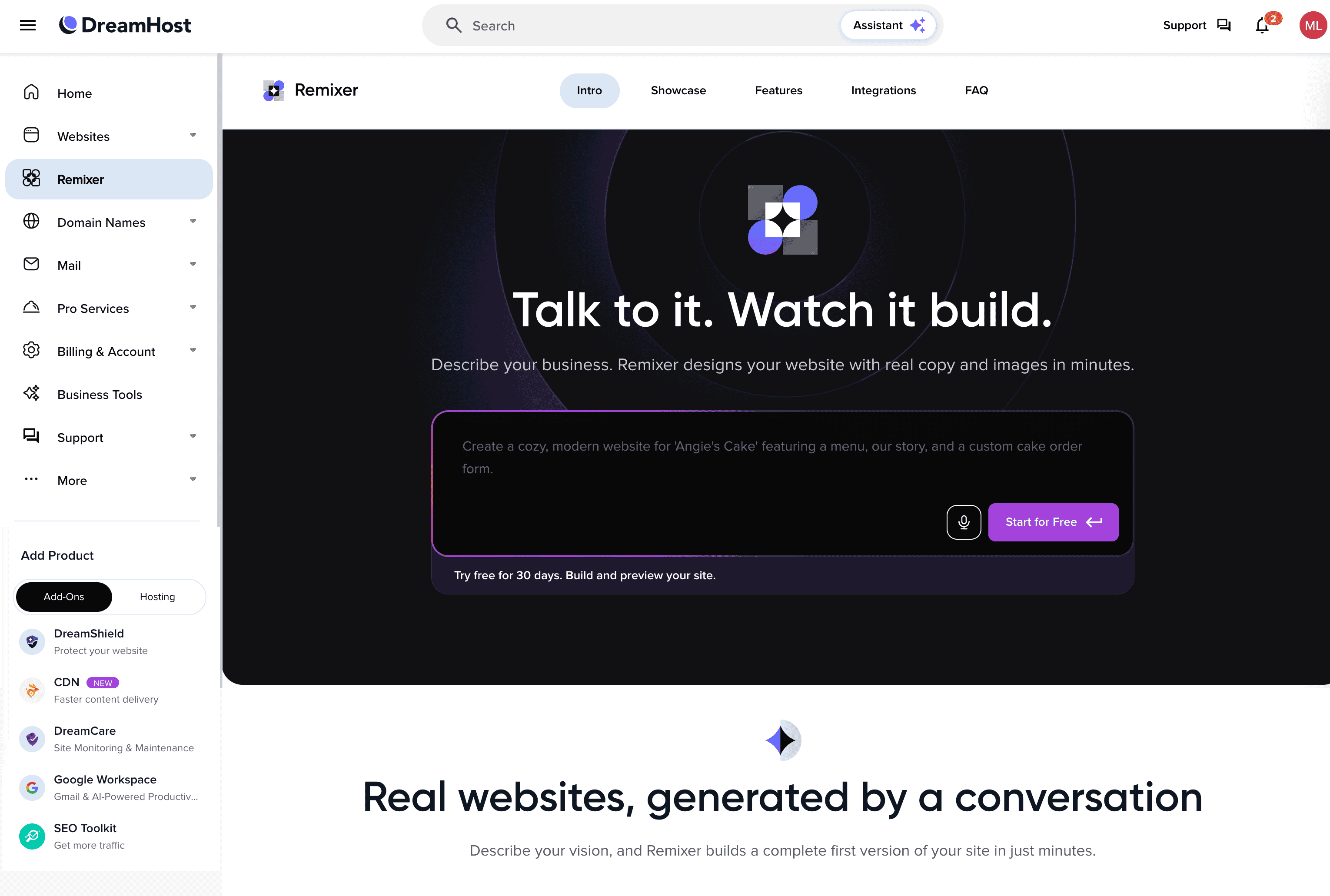 DreamHost Remixer AI main page