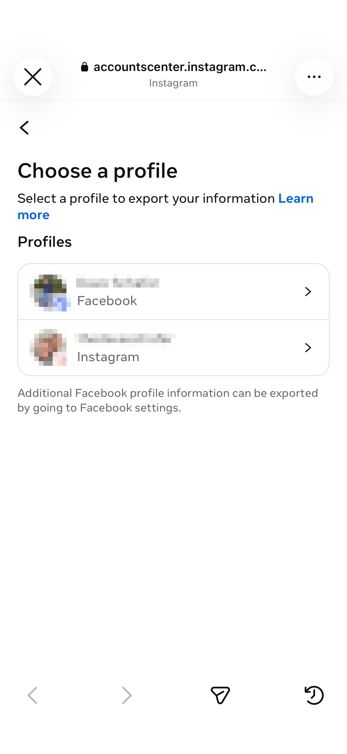 Choose a profile to export Instagram data