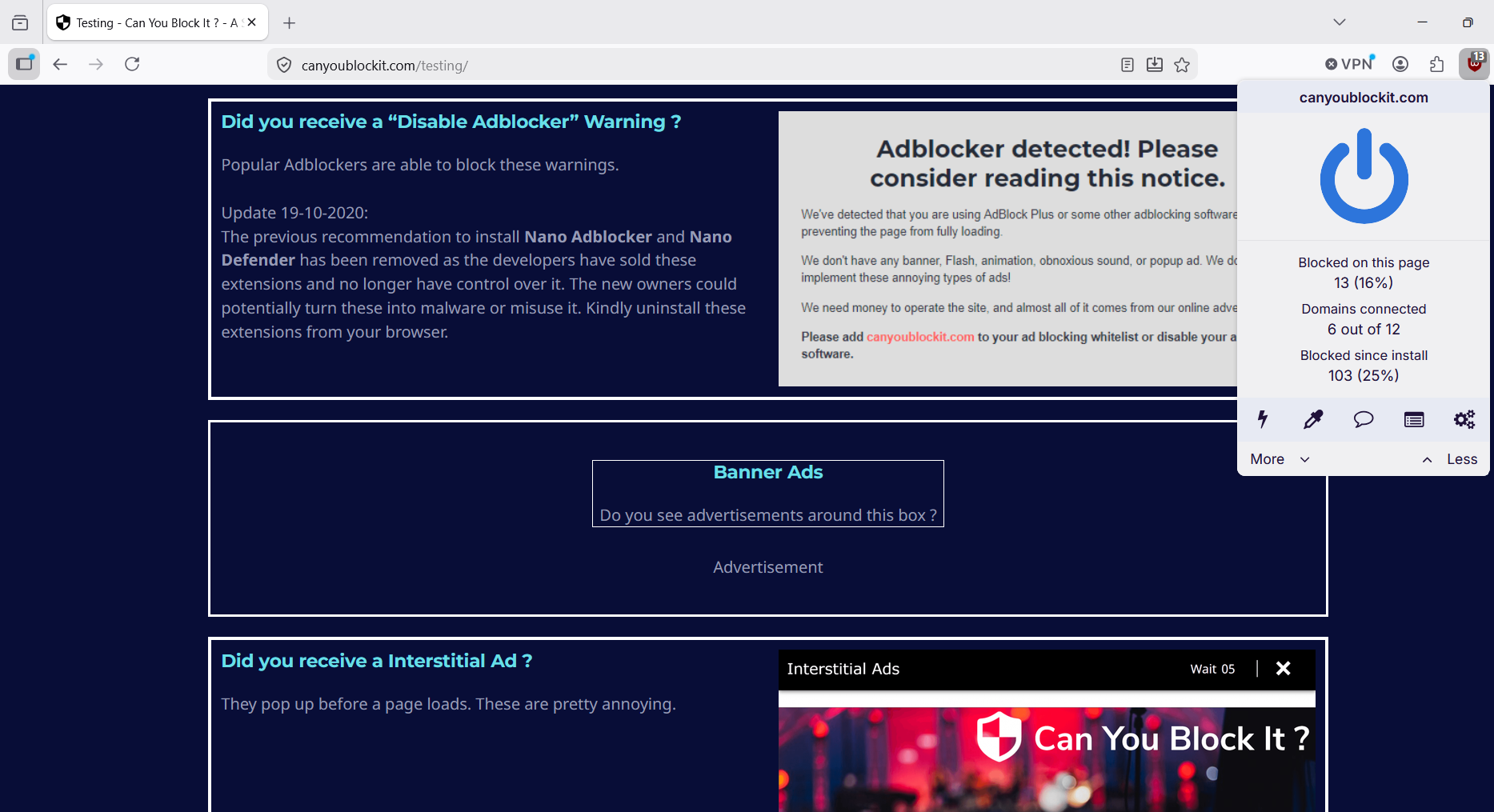 uBlock Origin's Can You Block It test results (3/3)