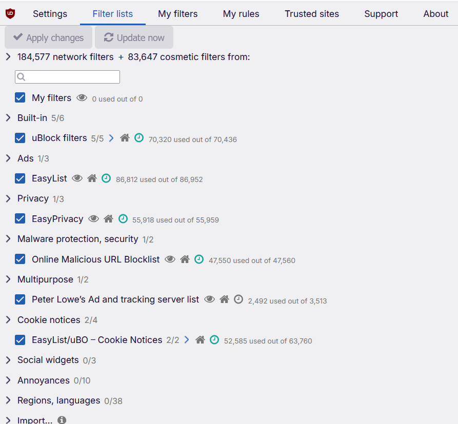 uBlock Origin filter lists tab on extension 
