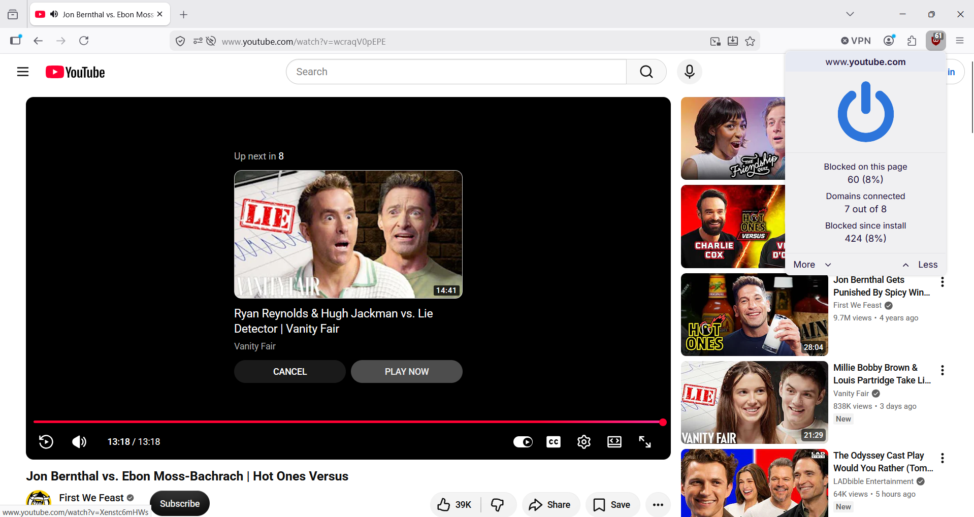 End of a YouTube video with uBlock Origin extension open, showing 60 ads blocked