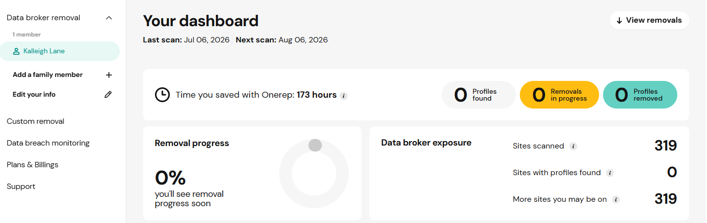 Onerep dashboard detailing time saved, removal progress, and data broker exposure