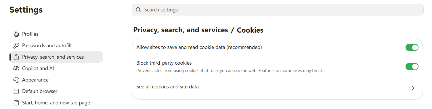 Microsoft Edge cookies settings 