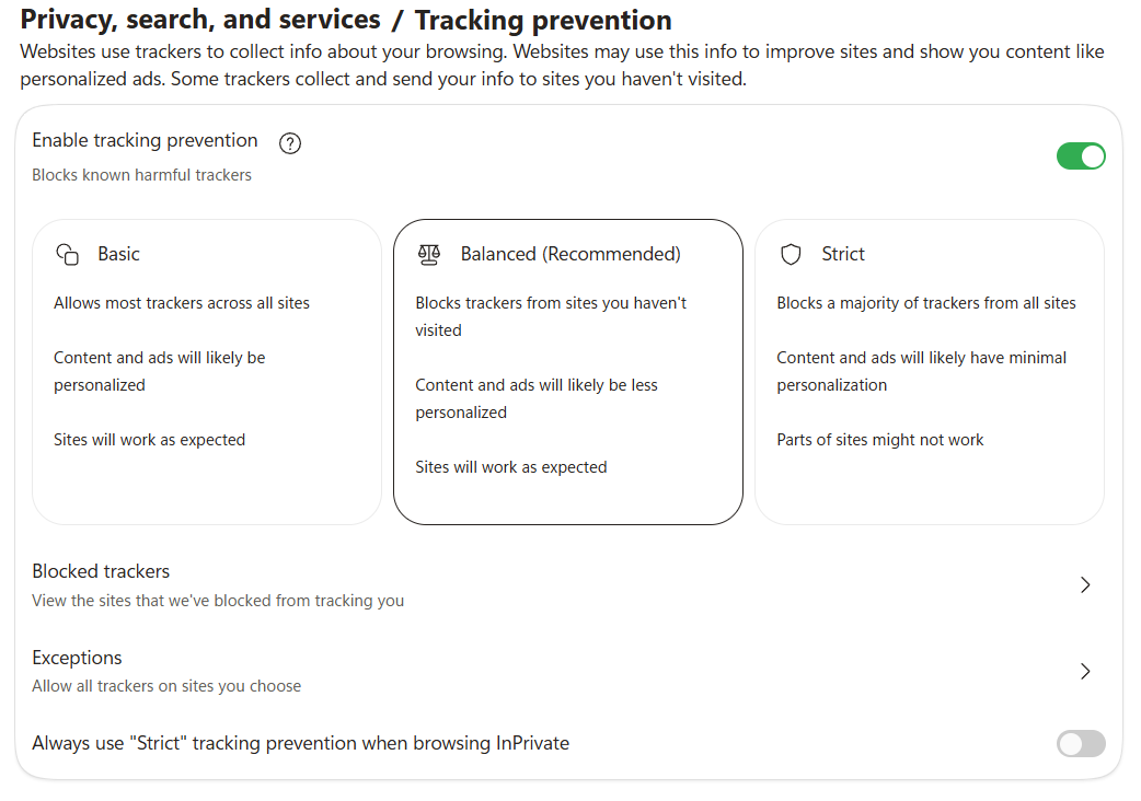 Microsoft Edge tracking prevention settings 