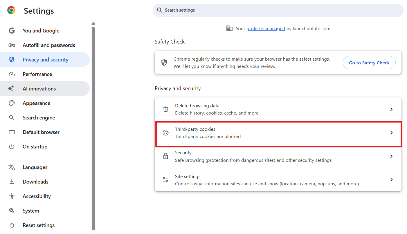 Google Privacy and security settings with a red outline around Third-party cookies