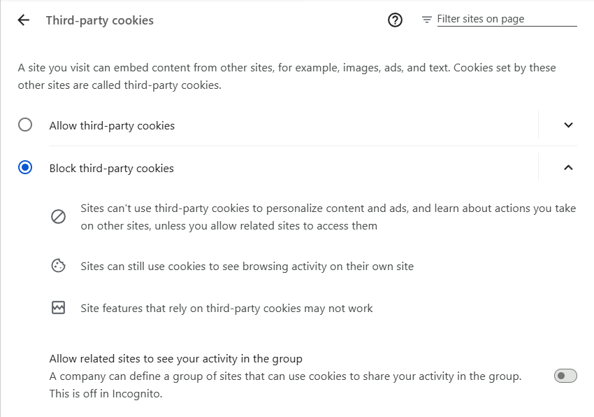 Google third-party cookies settings