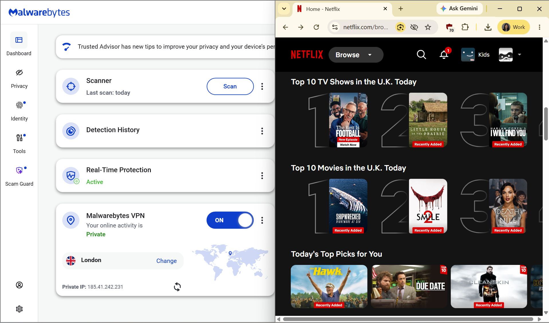 Malwarebytes side-by-side with Netflix list of top tv shows and movies in the U.K. today