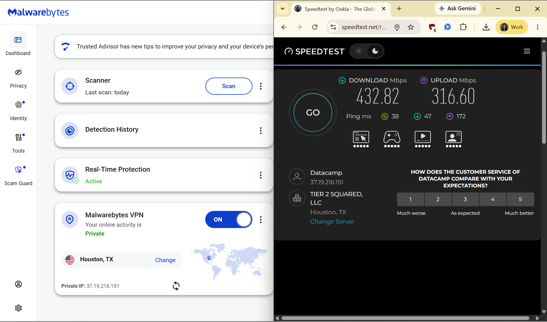 Speed test results for Malwarebytes Privacy VPN while connected to a server in Houston (432.72 download, 316.60 upload, 20 ping)