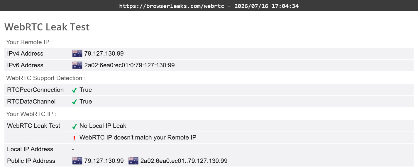 Malwarebytes Privacy VPN's WebRTC leak test results (partial pass)