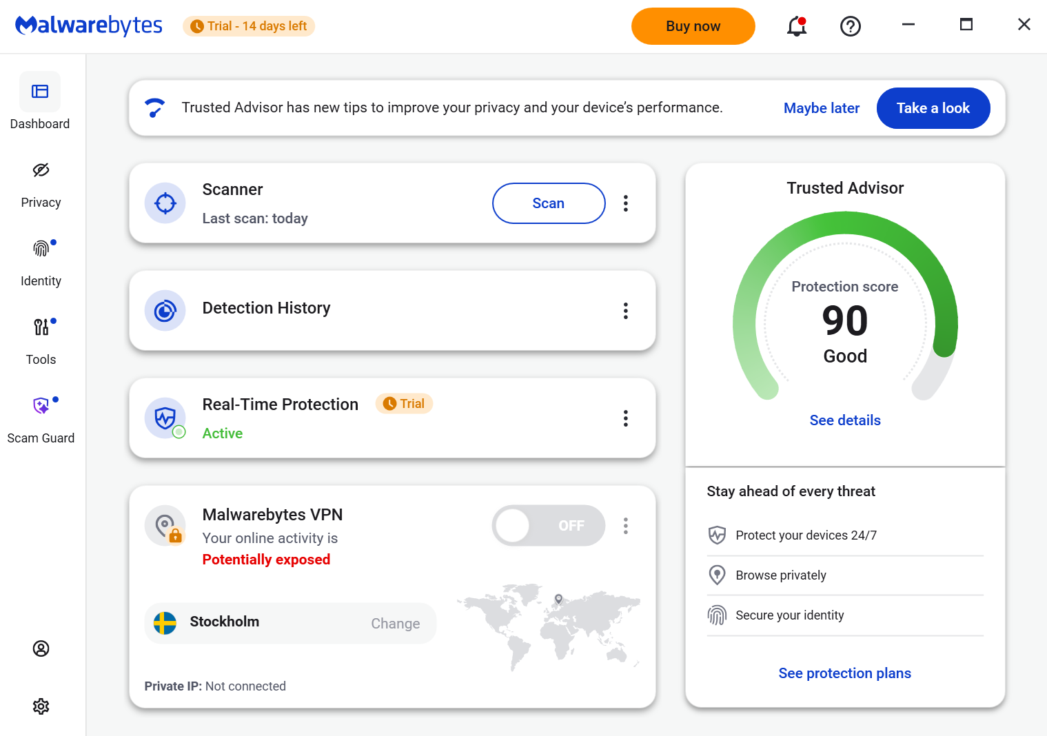 Malwarebytes dashboard