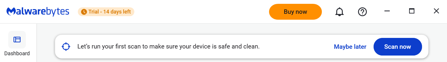 Malwarebytes dashboard with a prompt to run out first scan 
