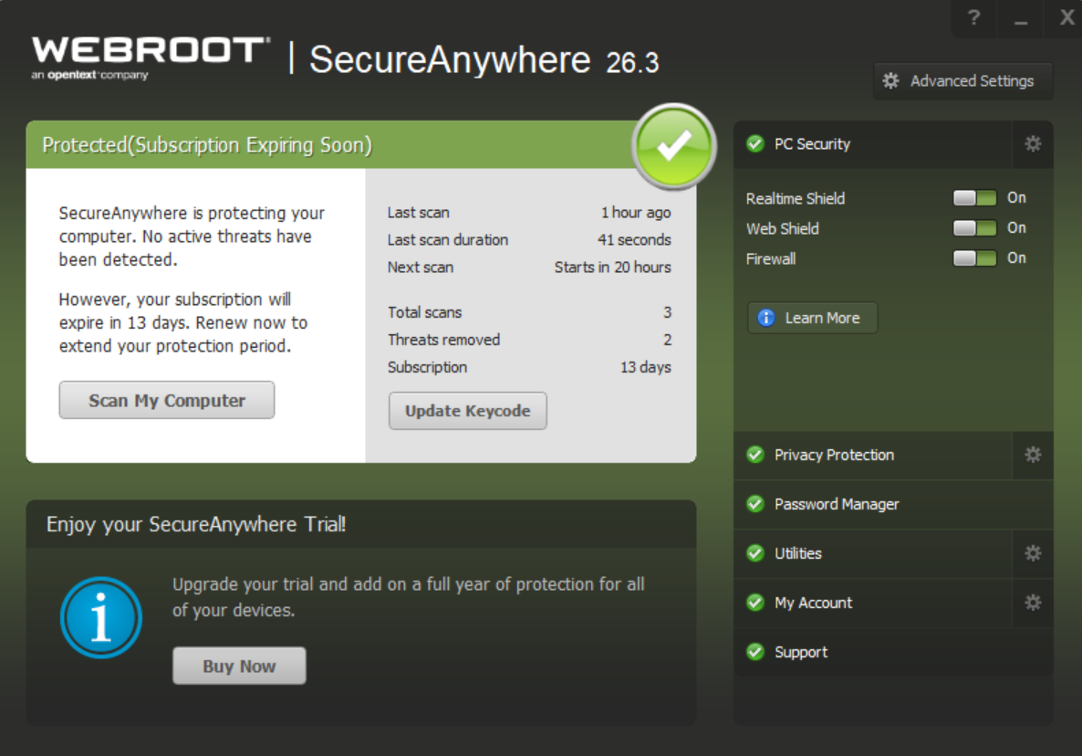 Webroot dashboard