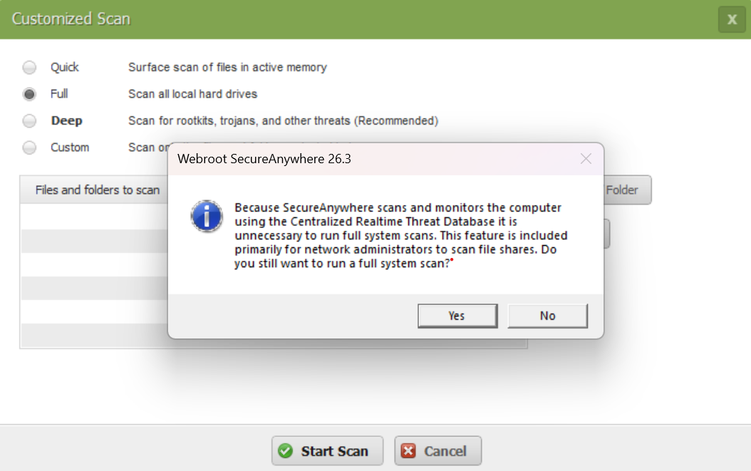 Pop-up from Webroot explaining that a full scan is not necessary due to its real-time protection
